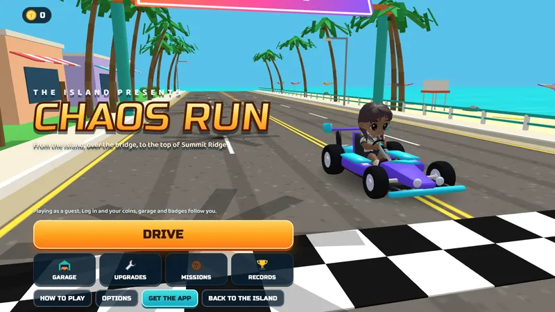 Island Chaos Run main menu: a kart on the start line of the coast road on The Island, palms and the sea behind it
