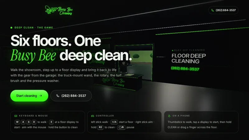 Deep Clean title screen in the showroom of the Busy Bee Cleaning virtual shop