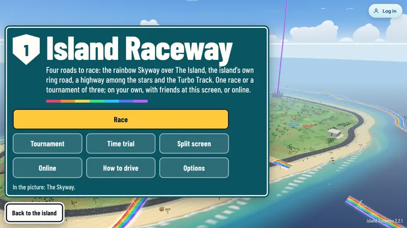 Island Raceway title screen, with the rainbow road looping out over the sea beyond The Island