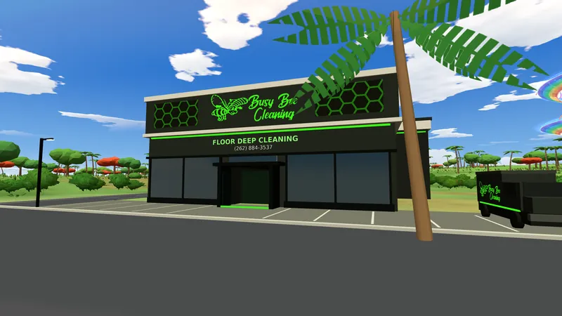 The Busy Bee Cleaning storefront with its green neon sign and service bay