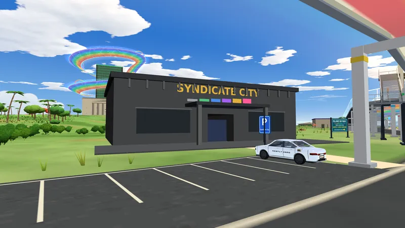 Syndicate City at the head of the pier, with its parking lot and a leg of the raised Skyway beside it