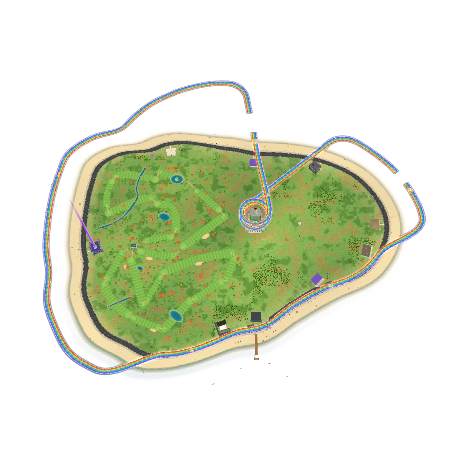 A model of The Island seen from the south, from above: a ring road around the coast, the tower in the center, the disc golf course of West Park on the west side with the Solarcade arcade at its edge, the pier on the south shore and the rainbow Skyway looping over the sea and round the tower